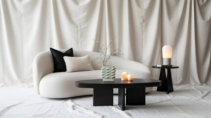 Modern minimalist living room with elegant curved sofa and stylish black coffee table