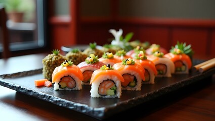 Artistic sushi platter with salmon nigiri and green roe balls, presented on a dark plate.