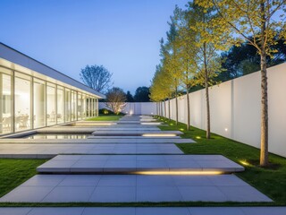 Fototapeta premium Modern house with illuminated pathway and trees