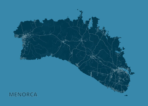 Map of Menorca Island is displayed in a monochromatic blue palette. The island's shape is clearly defined, with intricate details showing roads and urban areas.