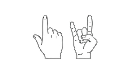 Fototapeta premium Vector illustration of Outline of two hands with different gestures, one finger pointing up and the other making the rock and roll sign, isolated on a white background, graphic representation