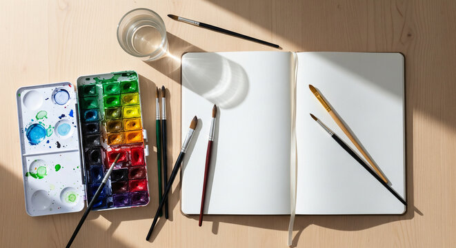 Tampilan flat lay meja kerja seniman dengan perlengkapan melukis cat air, termasuk palet warna, kuas lukis, buku sketsa kosong, dan segelas air. Cahaya alami menciptakan suasana kreatif, minimalis, da
