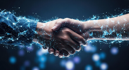 Close-up of two people shaking hands, with a glowing digital network overlaying the hands. Dark, blurred background with bokeh lights.