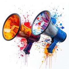 Two colorful megaphones amidst vibrant paint splatters