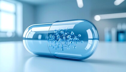 A close-up showcases a translucent capsule revealing a molecular structure within. The focus is sharp on the capsule, blurring the laboratory background
