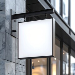 Empty square signage, mounted on a modern building facade.  Bright, blank sign, hanging from metal bracket.  City exterior,  daylight