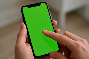Hand holding smartphone with green screen