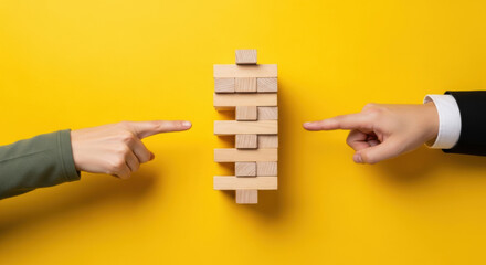 A close-up shot of two hands, one in a green sweater and the other in a suit, pointing fingers at a tall tower of wooden blocks stacked precariously. The background is a solid, vibrant yellow.