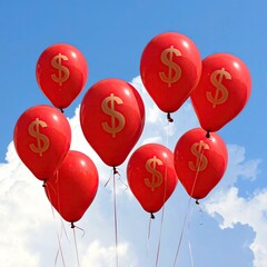 Red balloons with gold dollar signs float against a partly cloudy blue sky