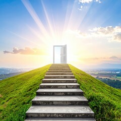 A grassy hilltop path with stone steps leading to a white door opening to a bright sky