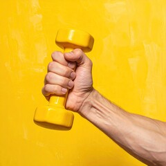 Close-up of a hand holding a bright yellow dumbbell against a vibrant yellow backdrop