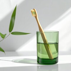 A light-green glass tumbler holds a light-brown bamboo toothbrush,  in a soft white setting.  Sunlight highlights the leaves and glass