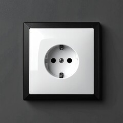 Square white electrical outlet with black border, mounted on a gray surface