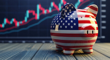 A piggy bank decorated with the US flag sits on a wooden surface. Behind it, a stock market graph displays fluctuating financial data.
