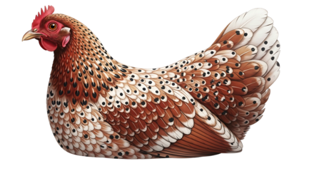 Speckled Hen with Red Comb Resting on White Background.