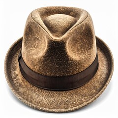 Top-down view of a distressed brown fedora