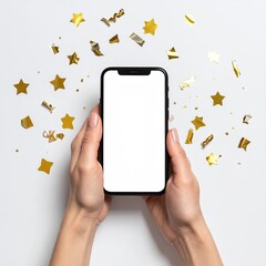 Hands holding a smartphone with blank screen, surrounded by gold confetti and glitter on a white background