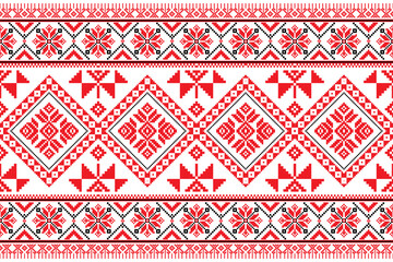 Red Pixel Seamless Pattern with Geometric Folk Motifs