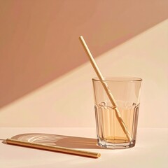 Golden straw in glass, soft peach background