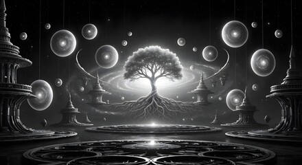 Fantasy landscape with sacred tree and crystal ball. 3D rendering