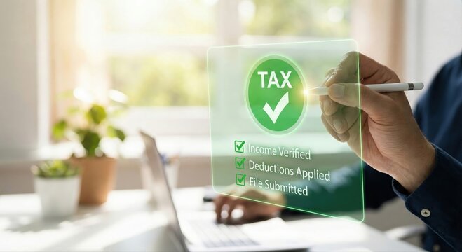 Person conducting tax preparation with digital interface showing verification of income, deductions and submission process