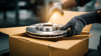 Gloved hands carefully handle new shiny silver car brake disc, preparing for installation. Metal part unpacks from cardboard box, ready for vehicle maintenance and auto repair in.