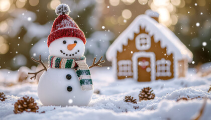 Obraz premium Cute snowman with gingerbread house in a snowy winter wonderland background