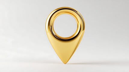 Golden location pin icon, 3D render. Shiny metallic marker navigation, travel, business. Elegant map pointer for apps, websites, branding. Simple, modern design with clean white.