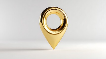 Golden location pin icon, 3D render. Shiny metallic marker navigation, travel, business. Elegant map pointer for apps, websites, branding. Simple, modern design with clean white.