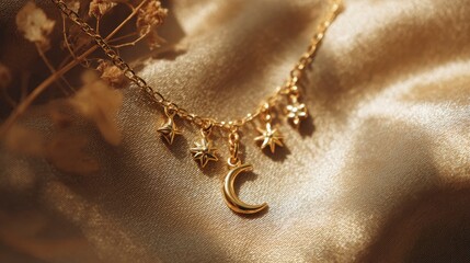 A close-up shot of a delicate, golden necklace featuring star and crescent moon charms, draped over shimmering fabric