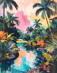 Naklejka premium Vivid jungle scene featuring a flowing river, colorful sky, and palm trees