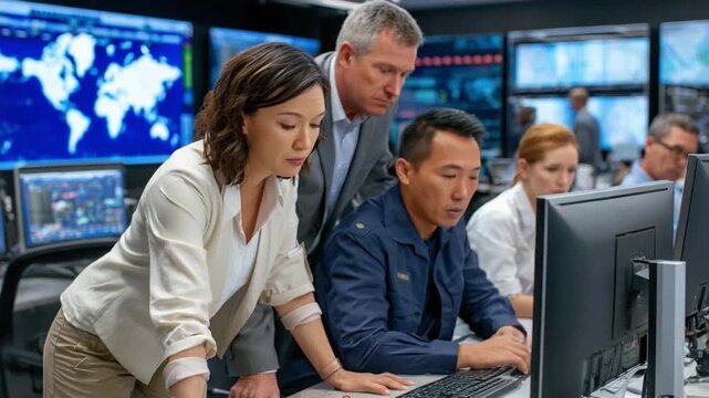 Collaboration in a Control Room: A team of skilled professionals engages in focused collaboration within a modern control room environment, analyzing complex data streams on multiple screens.