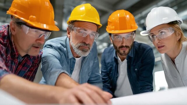Construction Blueprint Analysis: A focused team of construction workers wearing protective gear collaborates closely over a blueprint, ensuring precision and safety