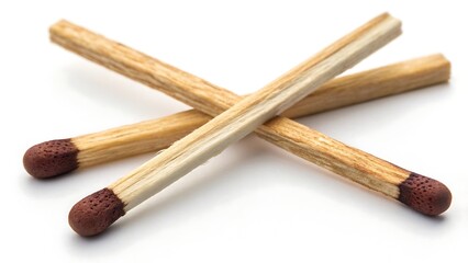 Three wooden matches crossed isolated on white background with shadow. AI GENERATED.
