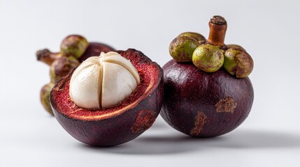 A close-up shot of a halved, vibrant purple tropical fruit reveals a segmented white interior with a few intact fruits in the background