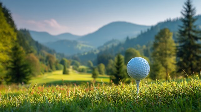 Golf ball on tee in idyllic mountain landscape. Lush green fairway, trees, rolling hills. Serene summer nature scene, perfect for sports, travel, relaxation promotions, website.