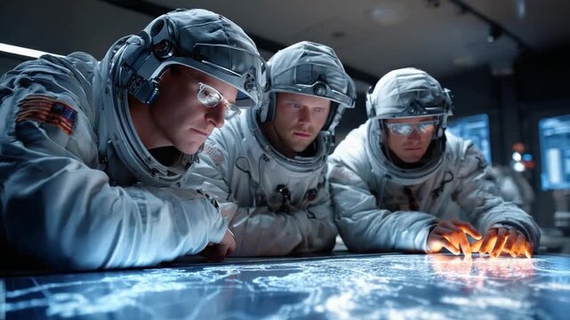Astronauts Analyzing Data: In the depths of a mission control, three astronauts, clad in their space suits, meticulously analyze complex data on a holographic table.