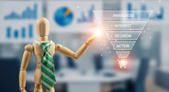 Wooden mannequin points to a sales funnel graphic showing awareness interest decision action and purchase stages with financial charts in the blurred background representing business growth. - Powered by Adobe