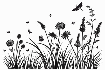 Beautiful black and white silhouette design featuring various wildflowers butterflies and a dragonfly