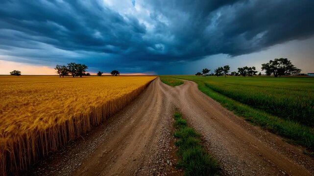 Dual Paths: A dramatic landscape featuring a converging road splitting fields, under a sky divided by sunlight and ominous clouds. A visual metaphor for choices and contrasting futures.