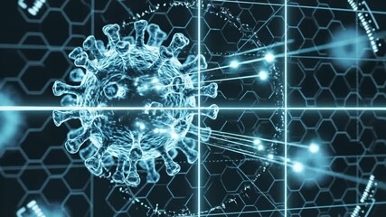 Virus Cell Displayed With Data and Diagnostics on Digital Screen - Powered by Adobe