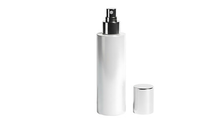 White cosmetic spray bottle with cap isolated on a clean white background.