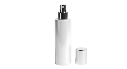 White cosmetic spray bottle with cap isolated on a clean white background.