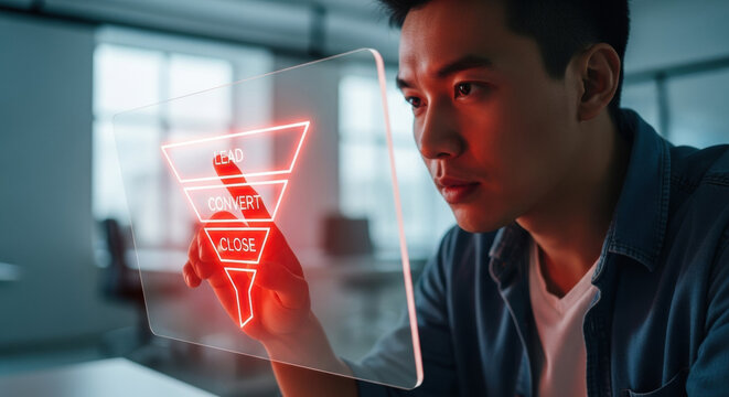 A young Asian man uses his finger to interact with a glowing red sales funnel graph displayed on a transparent futuristic screen in a bright, modern office. - Powered by Adobe