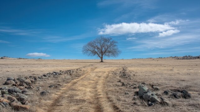 A solitary tree stands at the horizon along a dirt path flanked by large boulders in a dry desert landscape under a brig