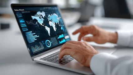 Navigating the Digital Realm: A close-up shot captures the hands of an individual engrossed in analyzing data on a laptop, the screen displaying a complex world map with intricate data visualizations. - Powered by Adobe
