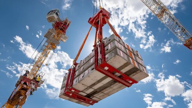 Construction Cranes at Work: A low-angle shot showcases powerful construction cranes lifting massive concrete blocks against a backdrop of a bright blue sky and fluffy white clouds.