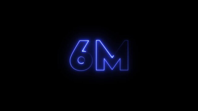 neon glowing red 6m one million text number animation, social media views counter -6m views 6M views text animation, 6m number 4k video animation 6M text animation on black background.