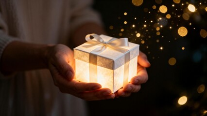 Hands holding glowing gift box