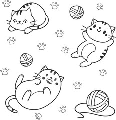 Fototapeta premium A playful scene depicts adorable cartoon cats lounging batting and surrounded by yarn balls and paw prints
